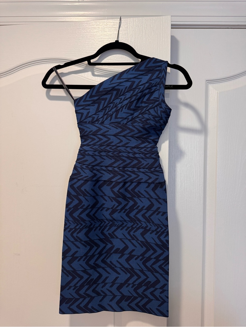 Herve Leger One-Shoulder Blue Patterned Sheath Dress